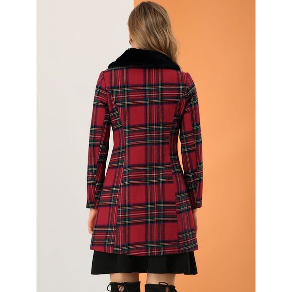 Women's Buffalo Checks Winter Peter Pan Collar Long Plaid Coat Red - Picture 5 of 6